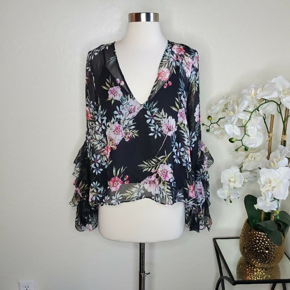 Intermix Long Sleeve V-Neck Floral Silk Blouse